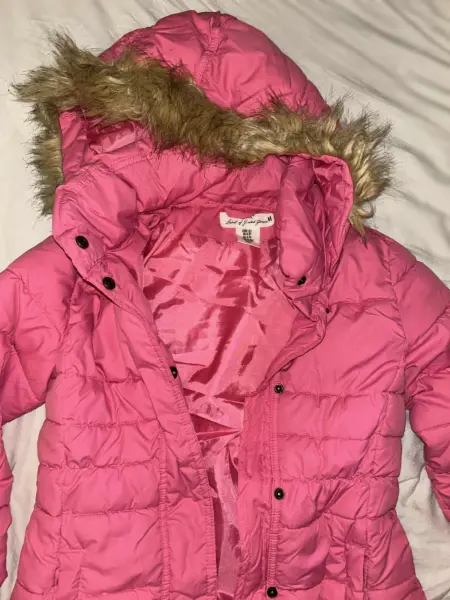 Růžová delší zimní bunda H&M, kapuca, vel. 6–7 let 4