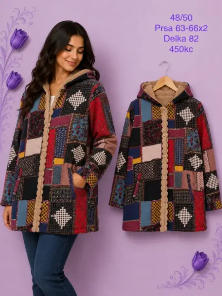 Dámský patchwork kabát s kapucí
