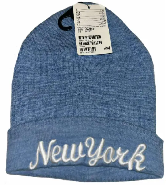 Světle modrá módní čepice, bílý nápis New York, vel. 8-12y