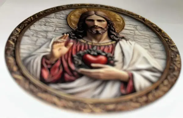 Dřevěný dekorační kruh, motiv Ježíš a Svaté srdce, Ø 14 cm 4