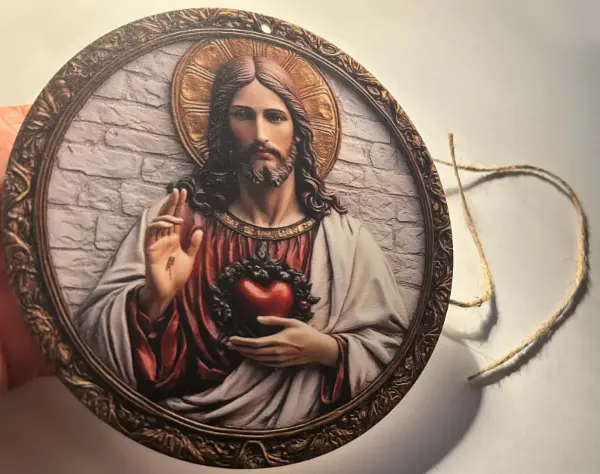 Dřevěný dekorační kruh, motiv Ježíš a Svaté srdce, Ø 14 cm 5
