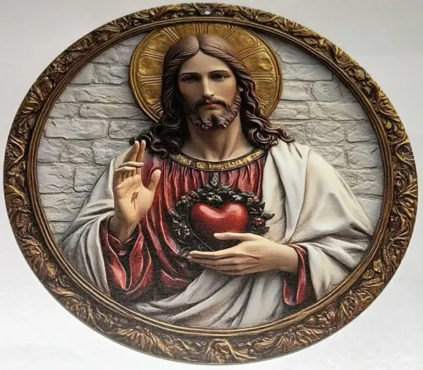Dřevěný dekorační kruh, motiv Ježíš a Svaté srdce, Ø 14 cm 2