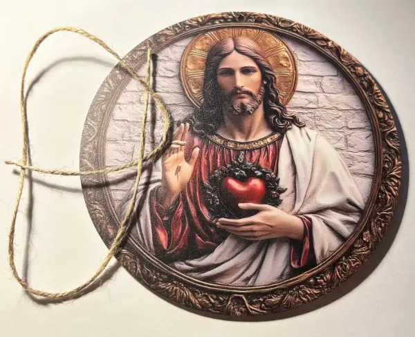 Dřevěný dekorační kruh, motiv Ježíš a Svaté srdce, Ø 14 cm