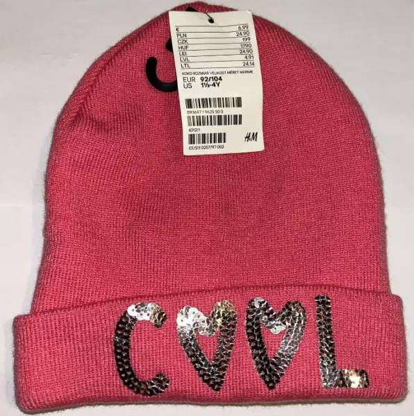 Růžová čepice, nápis COOL, třpytivé flitry, 1½ - 4 y 3