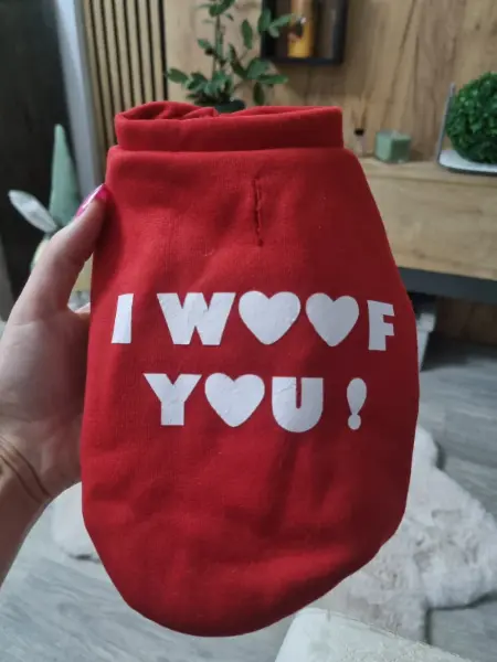Červená mikina pro psa s nápisem I WOOF YOU!