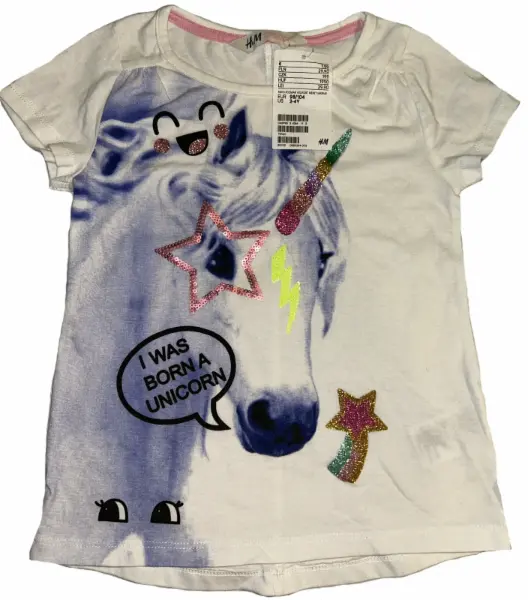 Bílé tričko, třpytivý jednorožec / unicorn, 2-4y 2