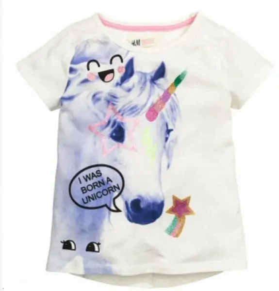 Bílé tričko, třpytivý jednorožec / unicorn, 2-4y