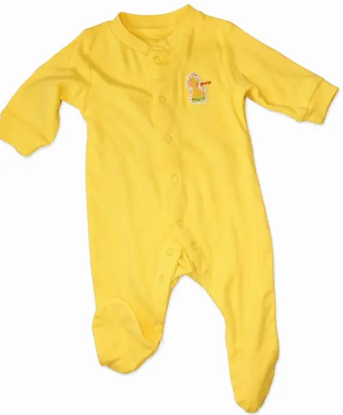 Žlutý unisex overal na spinkání, motiv žirafa, vel. 0-3 měs.