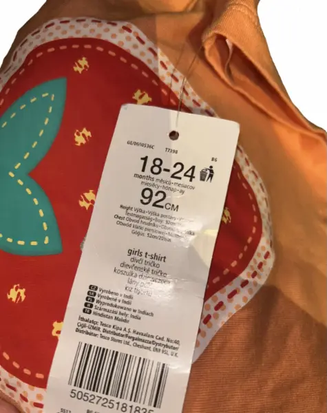 Oranžové dívčí tričko, motiv jahoda, vel. 18-24m 2