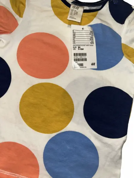 Bílé dívčí tričko, velké barevné puntíky, 9-12m 2