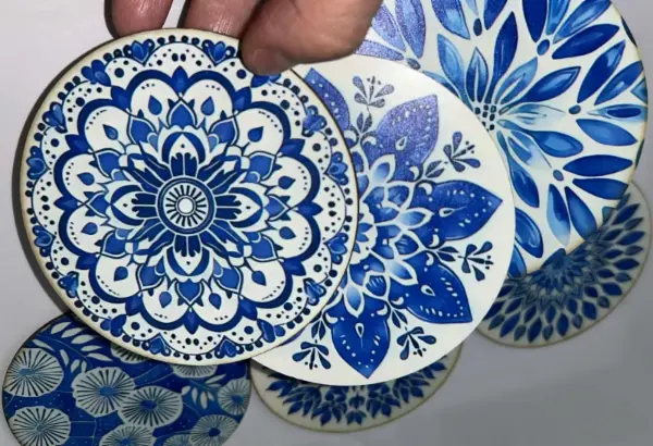 6x Dřevěné podtácky, modrá mandala, Ø 8 cm