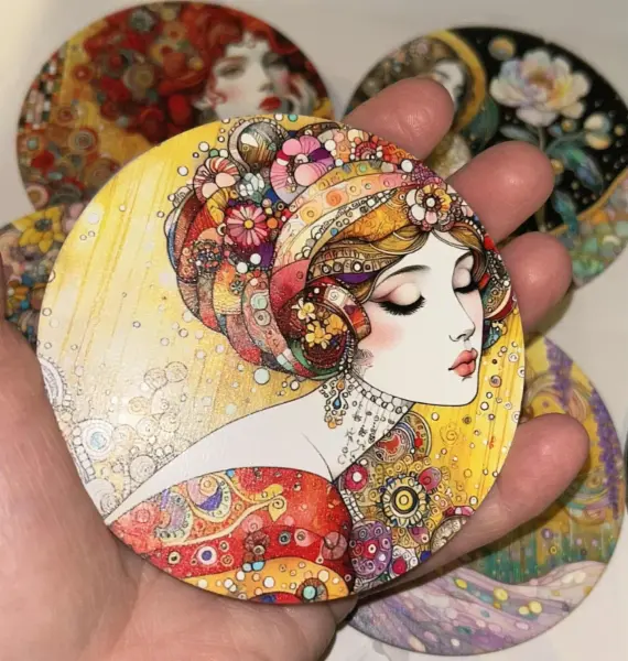 6x podtácky: motiv krásná dáma v Art Nouveau stylu, Ø 8 cm
