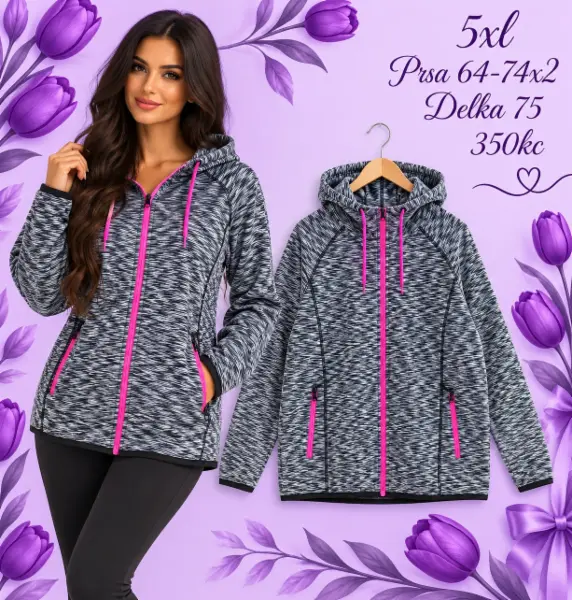 Dámská mikina na zip s kapucí, šedo-černá, vel. 5XL